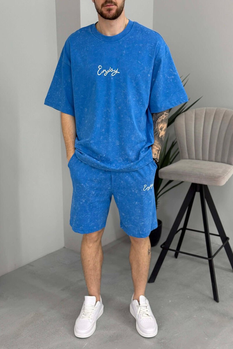 FRONT & BACK SIMPLE WRITTINGS T-SHIRT + SHORTS MEN SET LIGHTBLUE/BZ - 3