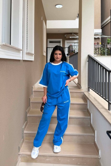 FRONT & BACK WRITTINGS T-SHIRT + SWEATPANTS WOMAN SET BLUE/BLU - KLAUDIO FASHION
