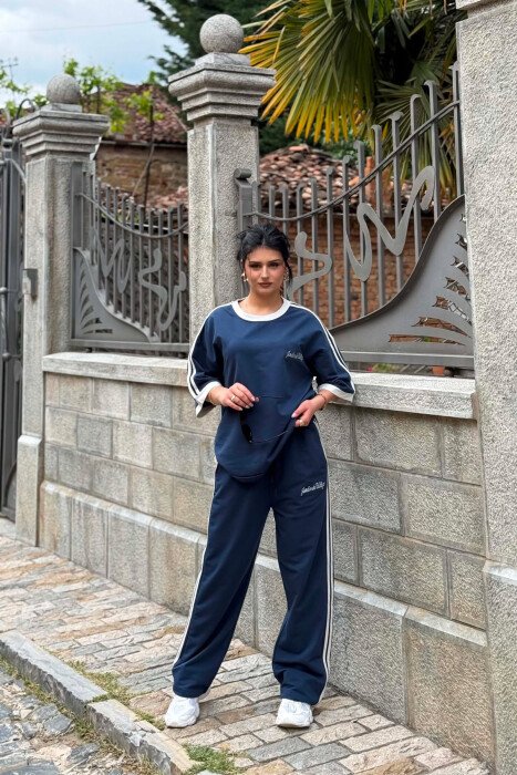 FRONT & BACK WRITTINGS T-SHIRT + SWEATPANTS WOMAN SET DARK BLUE/BEE - KLAUDIO FASHION