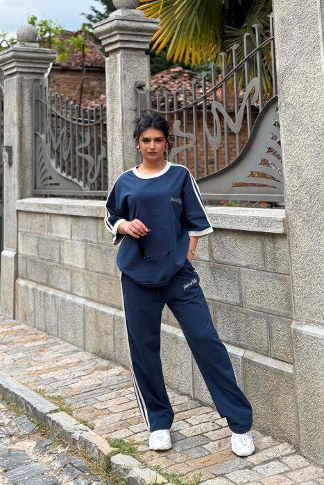 FRONT & BACK WRITTINGS T-SHIRT + SWEATPANTS WOMAN SET DARK BLUE/BEE - 2