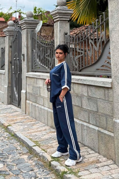 FRONT & BACK WRITTINGS T-SHIRT + SWEATPANTS WOMAN SET DARK BLUE/BEE - 3