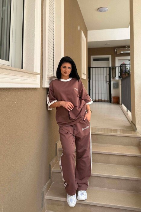 FRONT & BACK WRITTINGS T-SHIRT + SWEATPANTS WOMAN SET LIGHT BROWN/KAZB - KLAUDIO FASHION