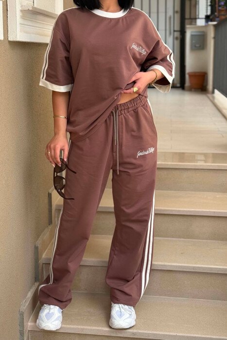 FRONT & BACK WRITTINGS T-SHIRT + SWEATPANTS WOMAN SET LIGHT BROWN/KAZB - 2