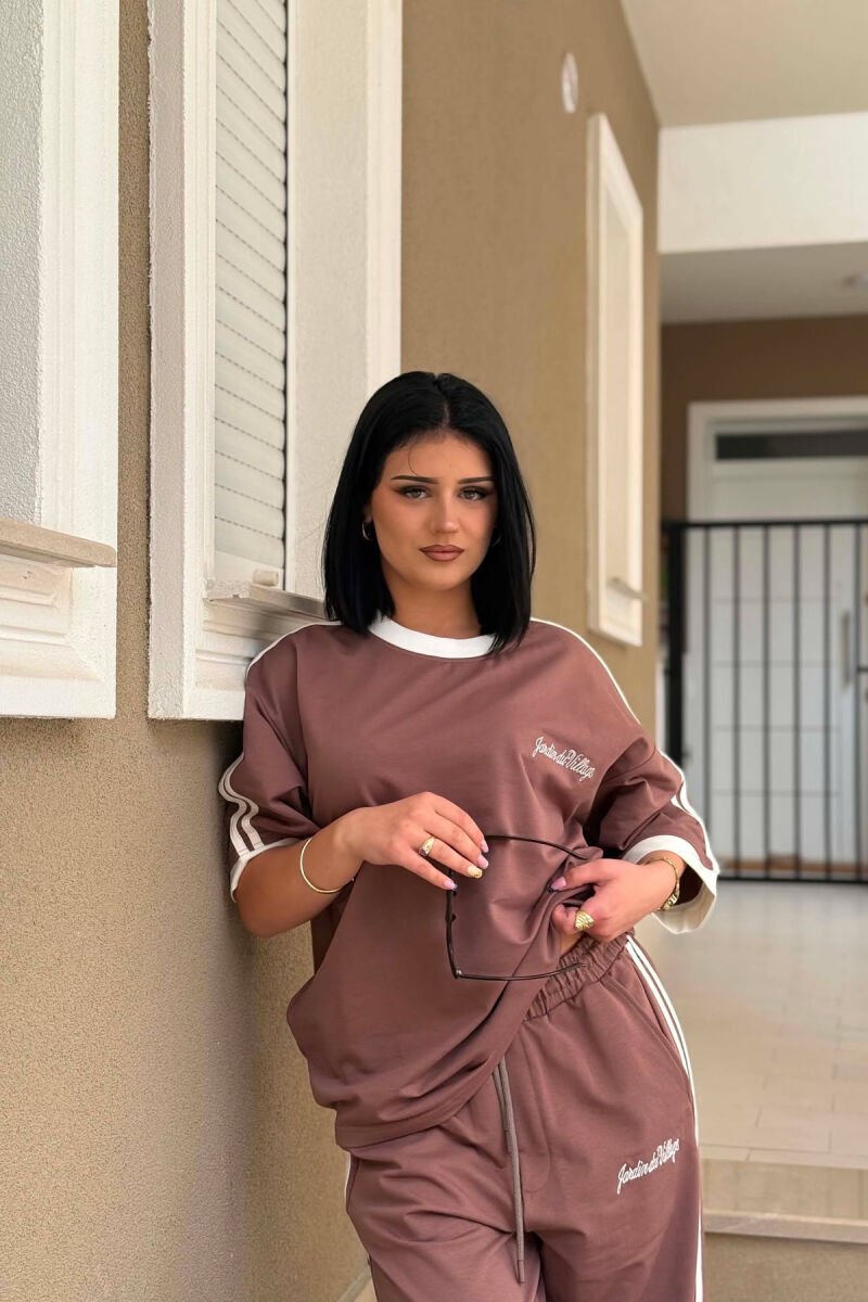 FRONT & BACK WRITTINGS T-SHIRT + SWEATPANTS WOMAN SET LIGHT BROWN/KAZB - 4