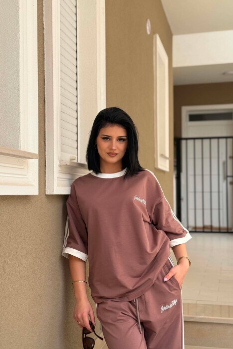 FRONT & BACK WRITTINGS T-SHIRT + SWEATPANTS WOMAN SET LIGHT BROWN/KAZB - 5