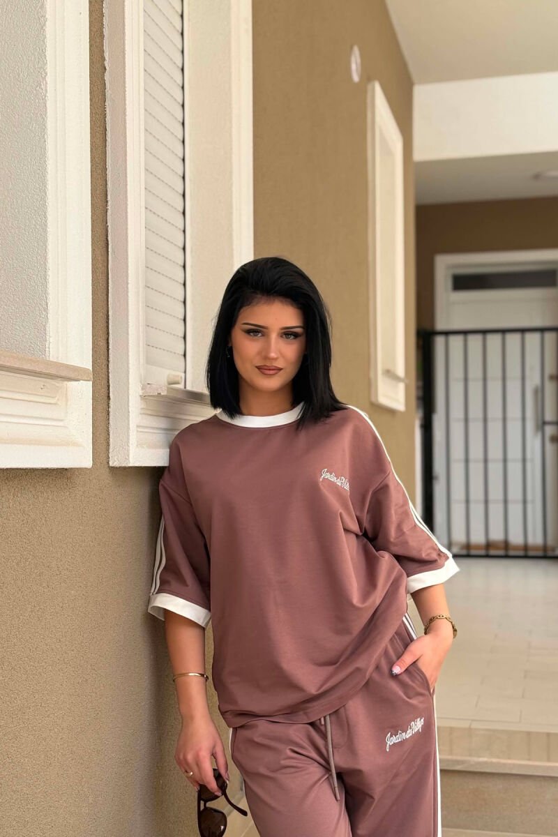 FRONT & BACK WRITTINGS T-SHIRT + SWEATPANTS WOMAN SET LIGHT BROWN/KAZB - 5