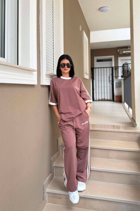 FRONT & BACK WRITTINGS T-SHIRT + SWEATPANTS WOMAN SET LIGHT BROWN/KAZB - 6