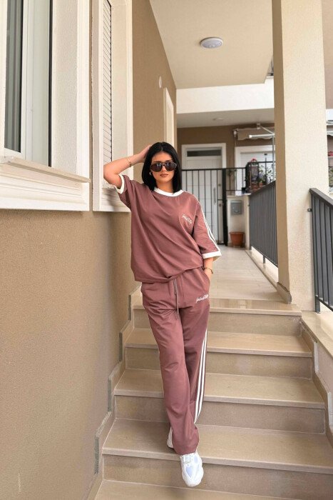 FRONT & BACK WRITTINGS T-SHIRT + SWEATPANTS WOMAN SET LIGHT BROWN/KAZB - 7