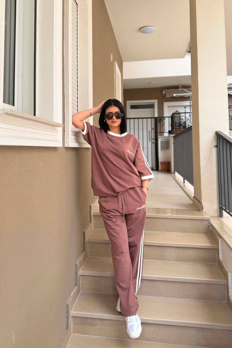 FRONT & BACK WRITTINGS T-SHIRT + SWEATPANTS WOMAN SET LIGHT BROWN/KAZB - 7