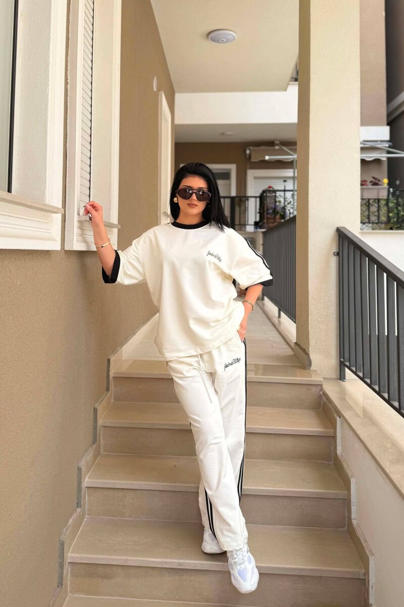 FRONT & BACK WRITTINGS T-SHIRT + SWEATPANTS WOMAN SET WHITE-E BARDHE - 1