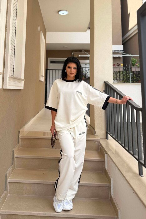 FRONT & BACK WRITTINGS T-SHIRT + SWEATPANTS WOMAN SET WHITE-E BARDHE - 2