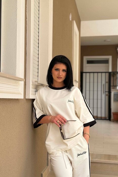 FRONT & BACK WRITTINGS T-SHIRT + SWEATPANTS WOMAN SET WHITE-E BARDHE - 3