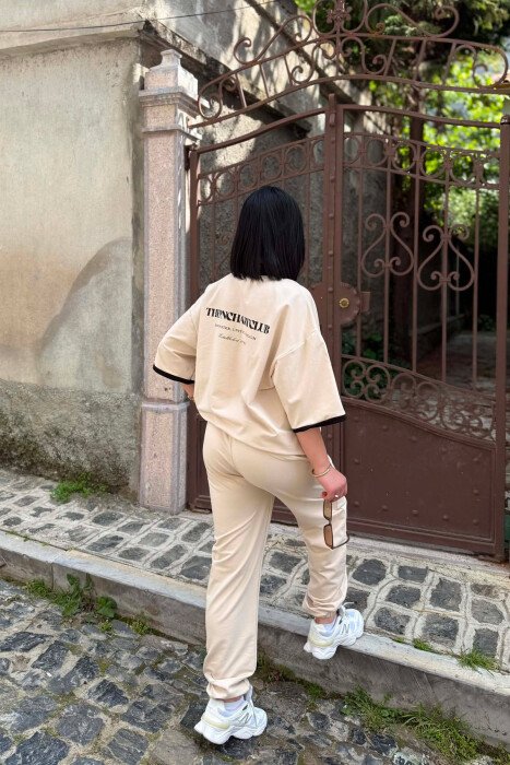 FRONT & BACK WRITINGS T-SHIRT + JOGGERS WOMAN SET BEIGE/BEZHE - 3