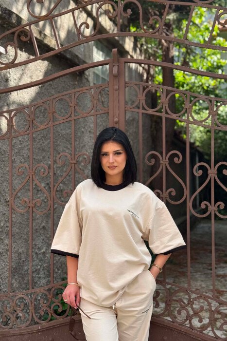 FRONT & BACK WRITINGS T-SHIRT + JOGGERS WOMAN SET BEIGE/BEZHE - 5