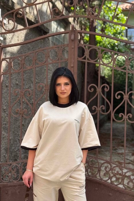 FRONT & BACK WRITINGS T-SHIRT + JOGGERS WOMAN SET BEIGE/BEZHE - 6