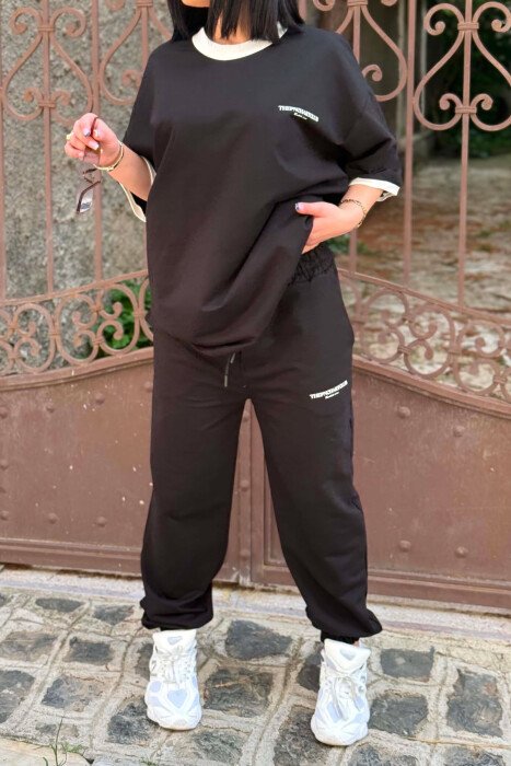 FRONT & BACK WRITINGS T-SHIRT + JOGGERS WOMAN SET BLACK/ E ZEZE - 5