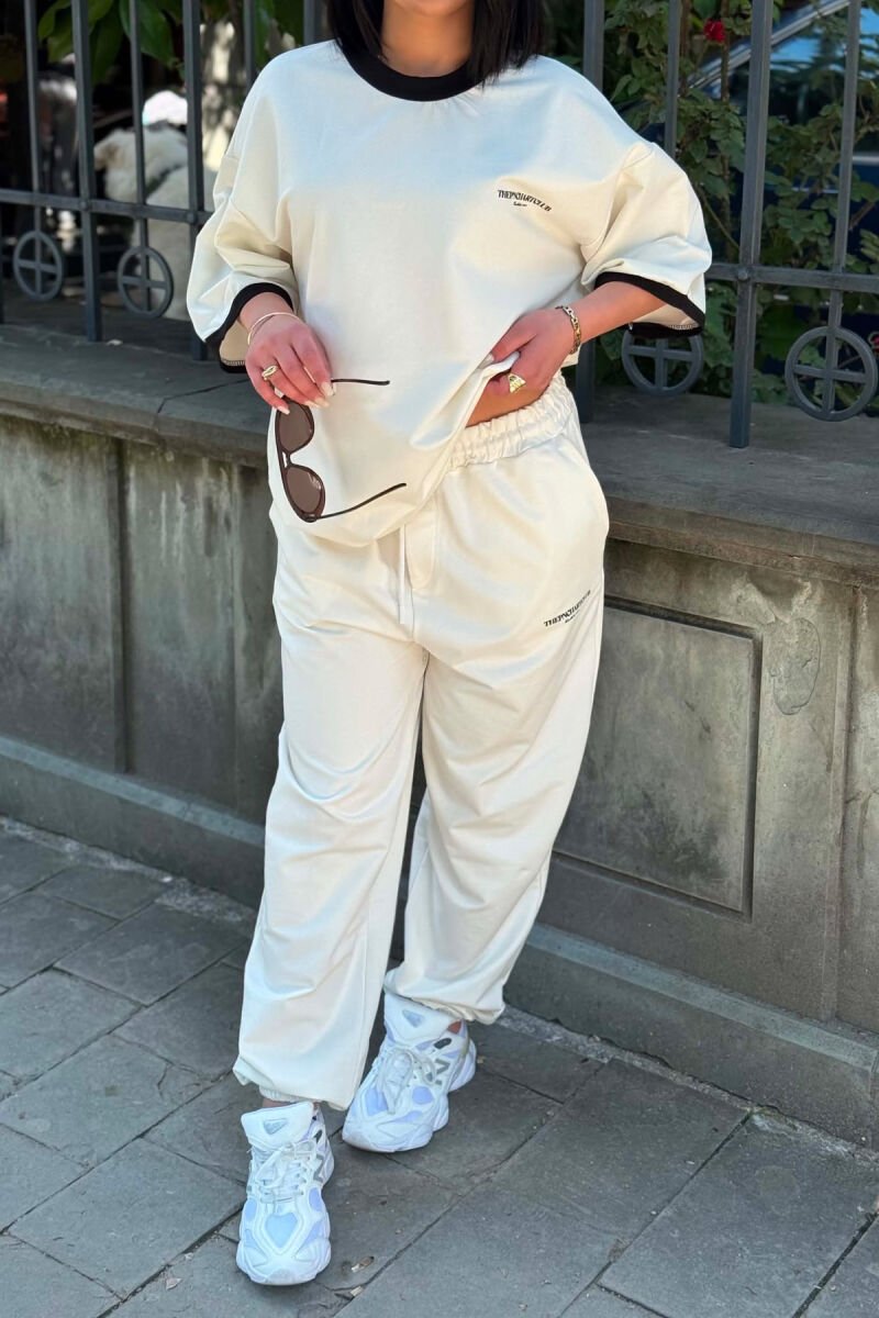 FRONT & BACK WRITINGS T-SHIRT + JOGGERS WOMAN SET CREAM/KREM - 2