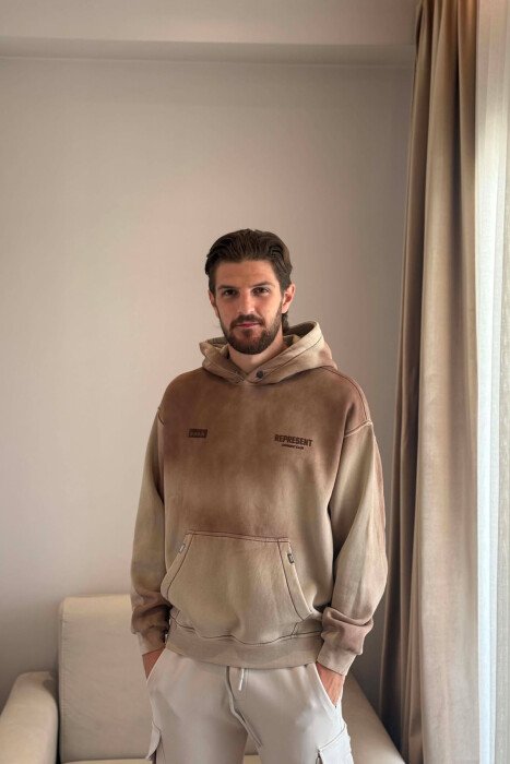 FRONT & BACK WRITTINGS FLUFFY MEN HOODIE BEIGE/BEZHE - KLAUDIO FASHION