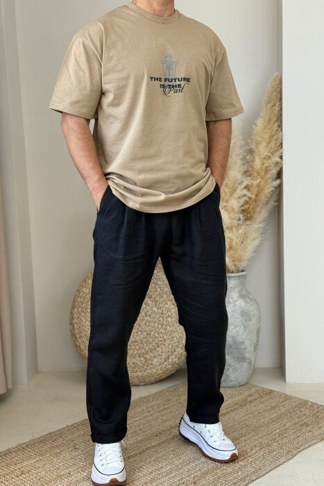 FRONT & BACK WRITTINGS MEN T-SHIRT LIGHT BROWN/KAZB 