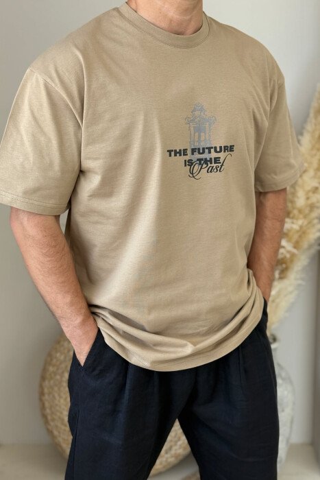 FRONT & BACK WRITTINGS MEN T-SHIRT LIGHT BROWN/KAZB - 2