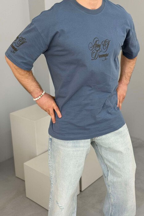 FRONT & BACK WRITTINGS ROUND NECK MEN T-SHIRT LIGHTBLUE/BZ - 1