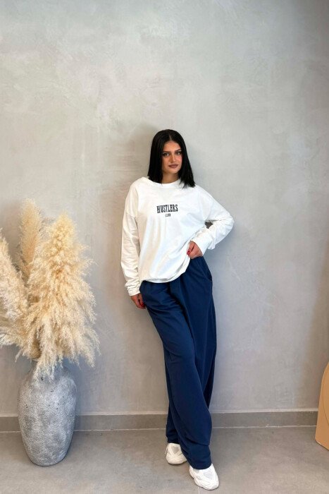 FRONT &BACK WRITTINGS SWEATSHIRT +SWEATPANTS WOMAN SET WHITE-BLUE/BABL - KLAUDIO FASHION
