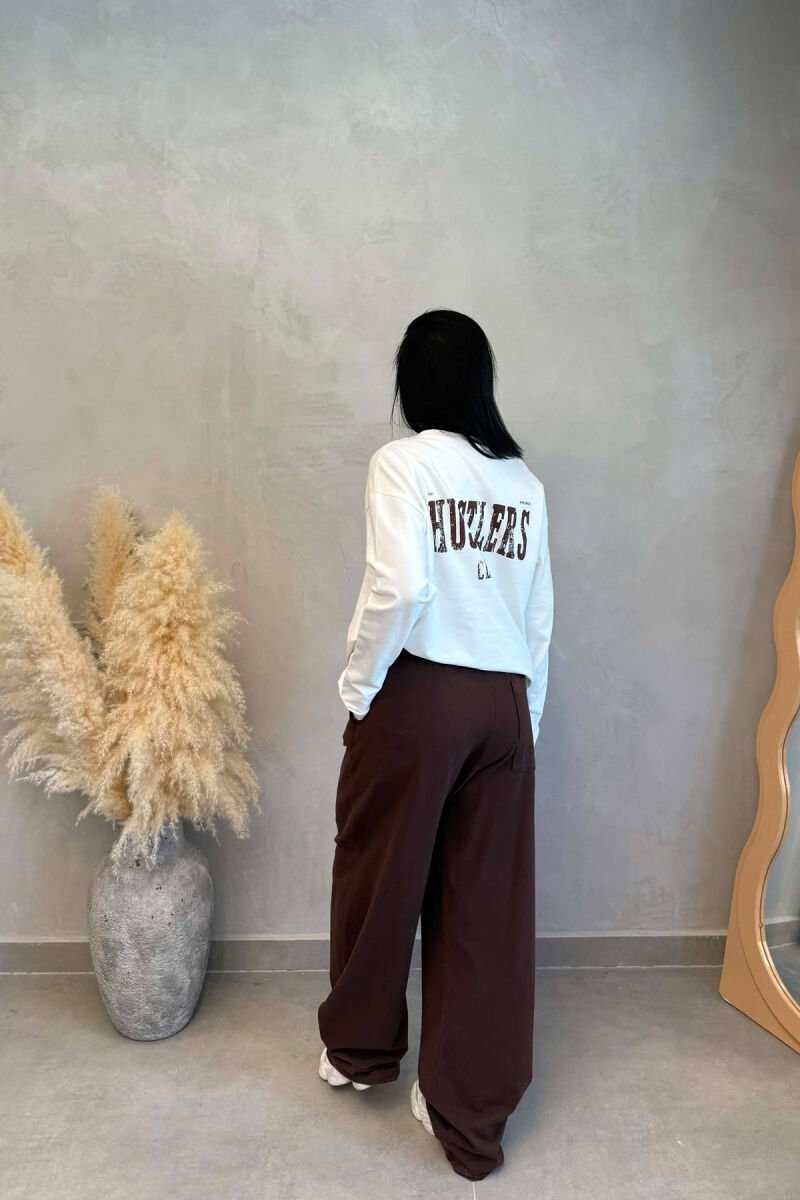 FRONT &BACK WRITTINGS SWEATSHIRT +SWEATPANTS WOMAN SET WHITE-BROWN/BAKA - 2