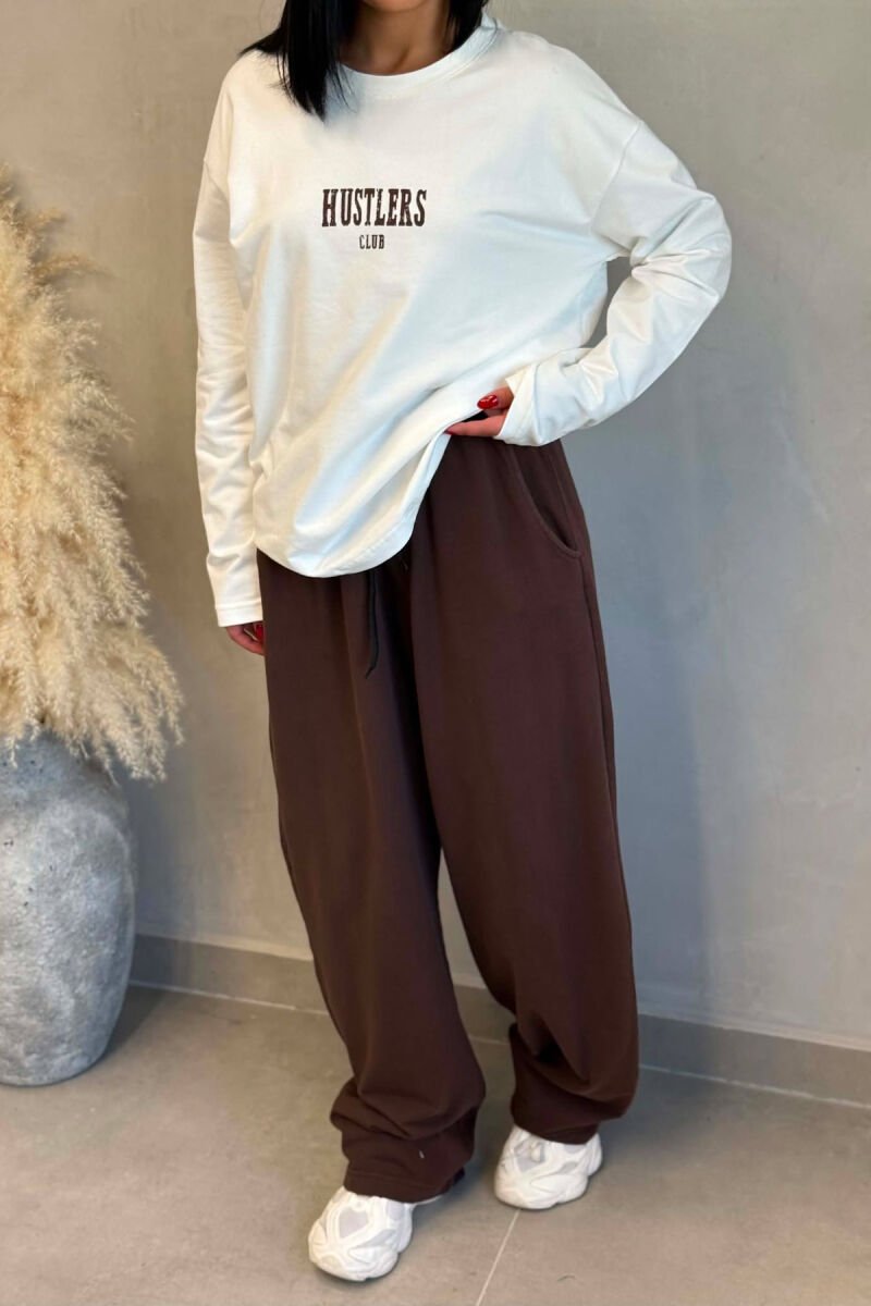 FRONT &BACK WRITTINGS SWEATSHIRT +SWEATPANTS WOMAN SET WHITE-BROWN/BAKA - 4