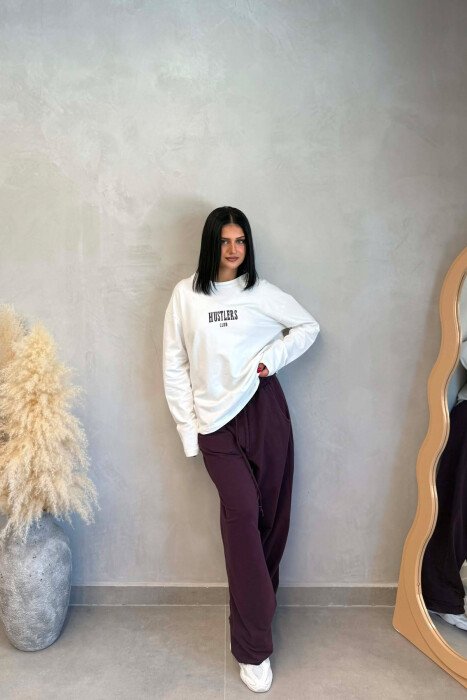 FRONT &BACK WRITTINGS SWEATSHIRT +SWEATPANTS WOMAN SET WHITE-BURGUNDY/BAVI - KLAUDIO FASHION