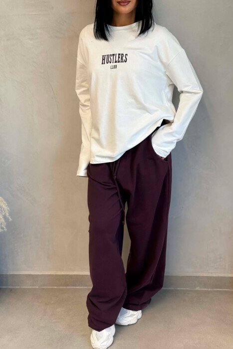 FRONT &BACK WRITTINGS SWEATSHIRT +SWEATPANTS WOMAN SET WHITE-BURGUNDY/BAVI - 2