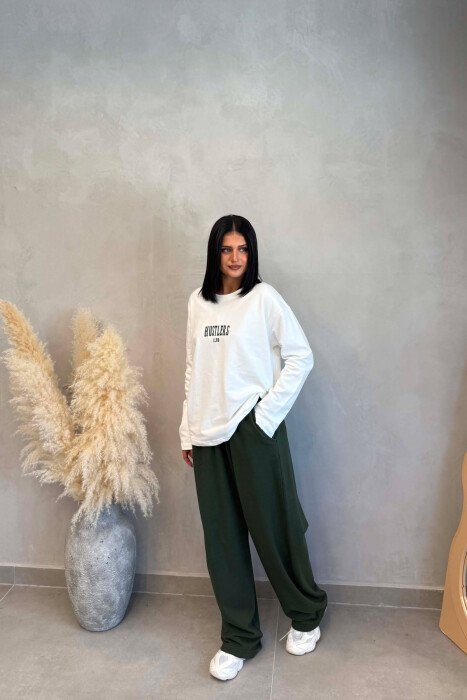 FRONT &BACK WRITTINGS SWEATSHIRT +SWEATPANTS WOMAN SET WHITE/GREEN-BAJE - KLAUDIO FASHION