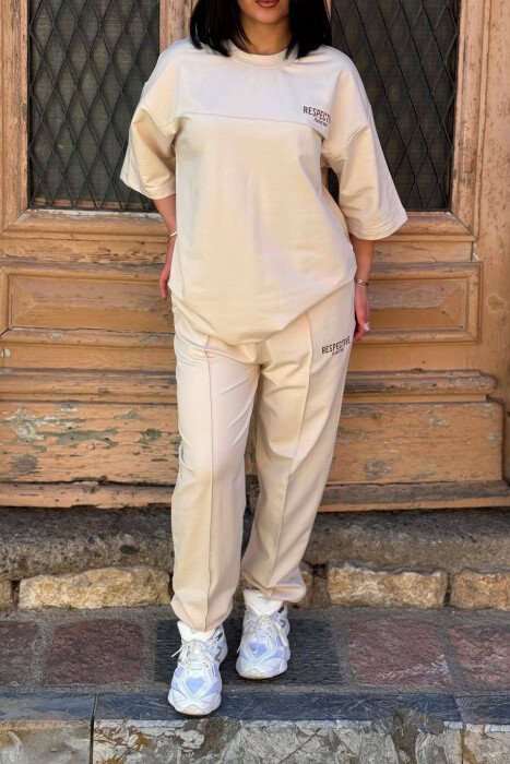 FRONT & BACK WRITTINGS T-SHIRT + JOGGERS WOMAN SET BEIGE/BEZHE - 2