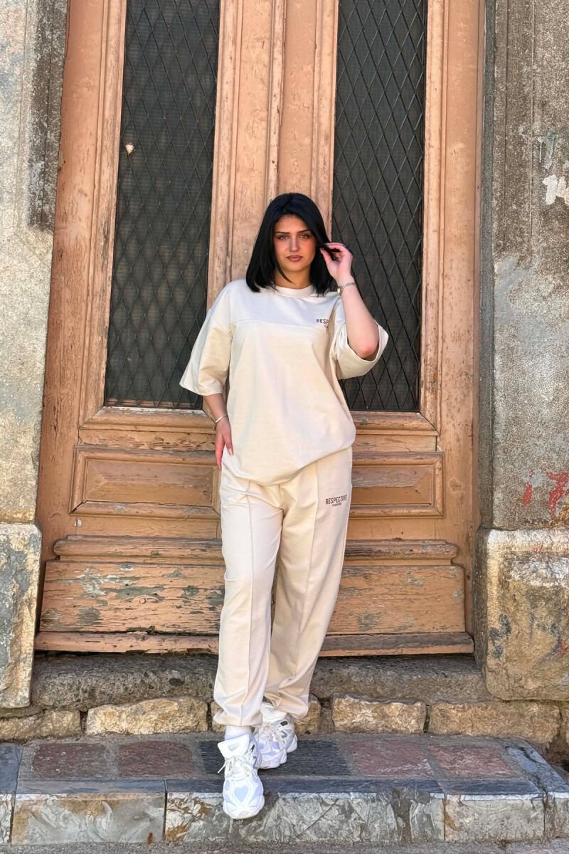 FRONT & BACK WRITTINGS T-SHIRT + JOGGERS WOMAN SET BEIGE/BEZHE - 3