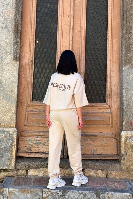 FRONT & BACK WRITTINGS T-SHIRT + JOGGERS WOMAN SET BEIGE/BEZHE - 4