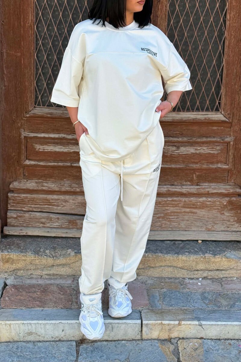 FRONT & BACK WRITTINGS T-SHIRT + JOGGERS WOMAN SET CREAM/KREM - 2