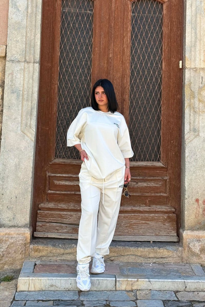 FRONT & BACK WRITTINGS T-SHIRT + JOGGERS WOMAN SET CREAM/KREM - 5