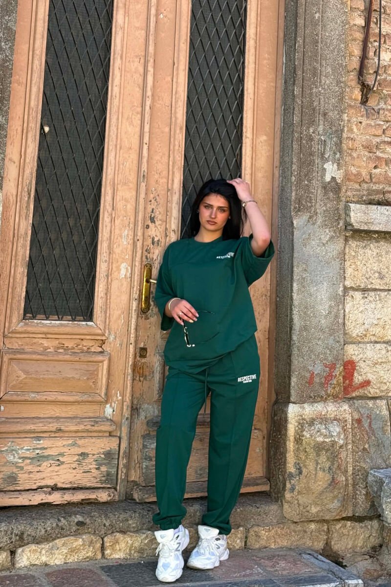 FRONT & BACK WRITTINGS T-SHIRT + JOGGERS WOMAN SET GREEN/JESHILE - 3