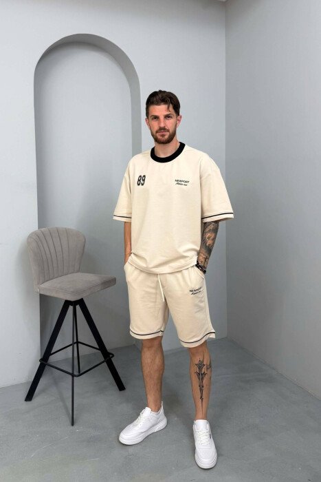 FRONT & BACK WRITTINGS T-SHIRT + SHORTS MEN SET BEIGE/BEZHE - 1
