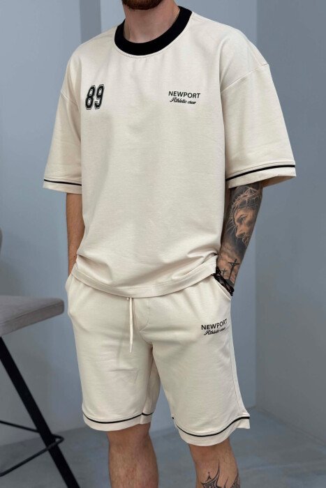 FRONT & BACK WRITTINGS T-SHIRT + SHORTS MEN SET BEIGE/BEZHE - 5
