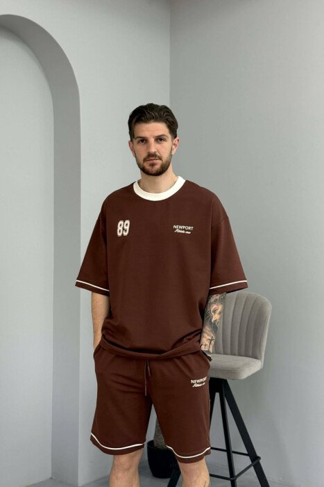 FRONT & BACK WRITTINGS T-SHIRT + SHORTS MEN SET BROWN/KAFE - 3