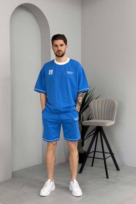 FRONT & BACK WRITTINGS T-SHIRT + SHORTS MEN SET LIGHTBLUE/BZ - 1
