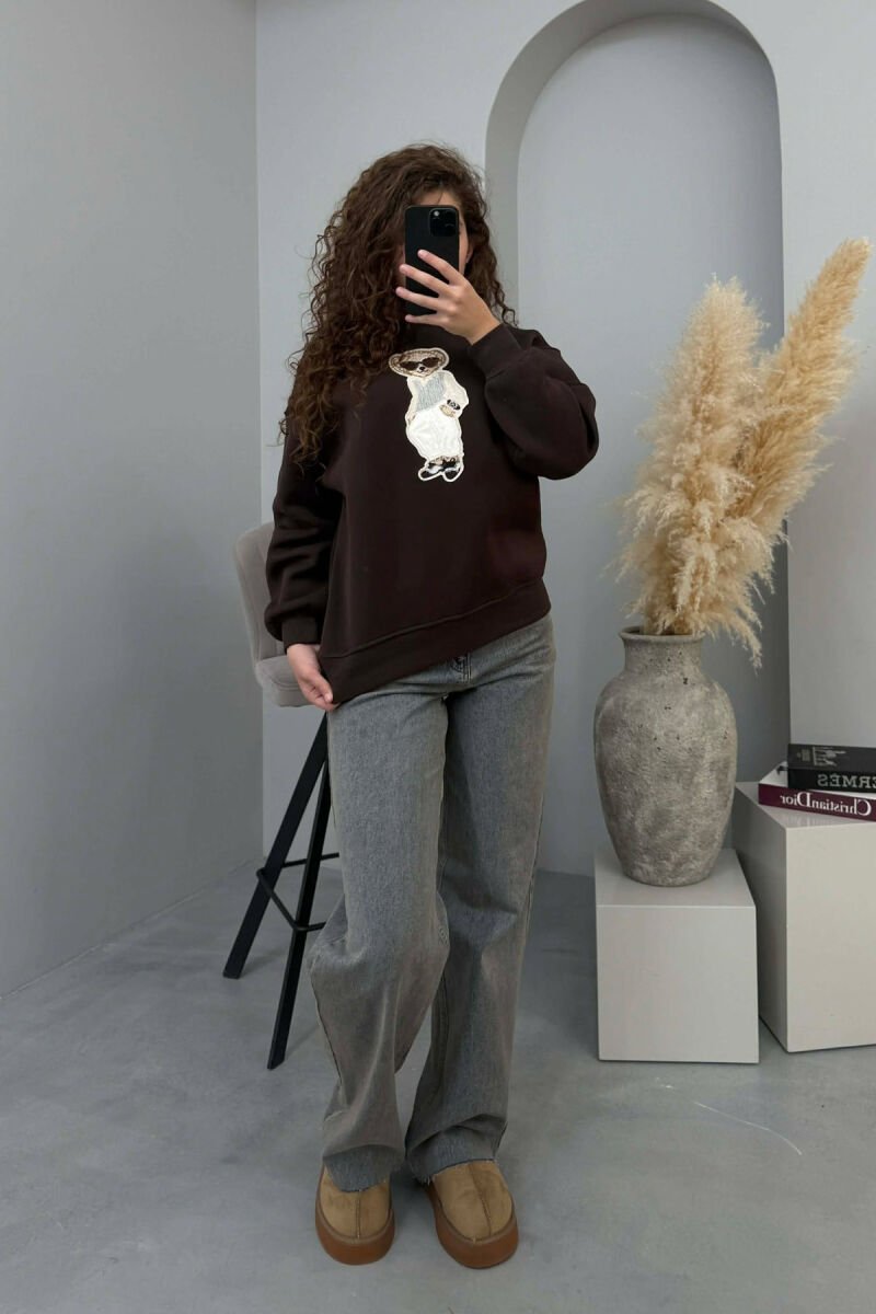 FRONT BEAR IMAGE FLUFFY WOMEN SWEATSHIRT DARK BROWN/KAE - 6