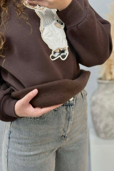 FRONT BEAR IMAGE FLUFFY WOMEN SWEATSHIRT DARK BROWN/KAE - 7