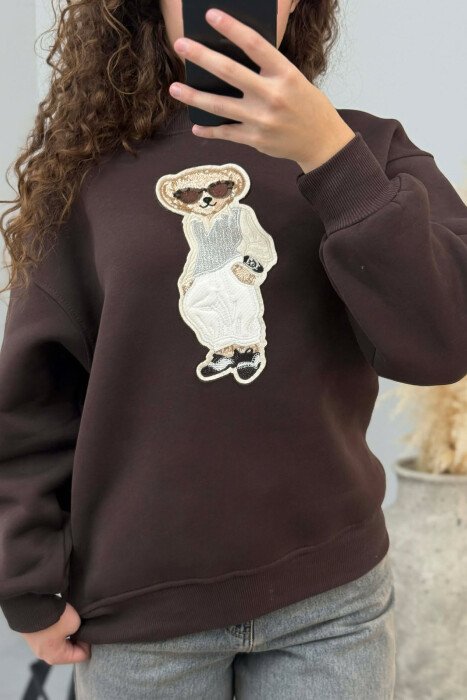 FRONT BEAR IMAGE FLUFFY WOMEN SWEATSHIRT DARK BROWN/KAE - 8