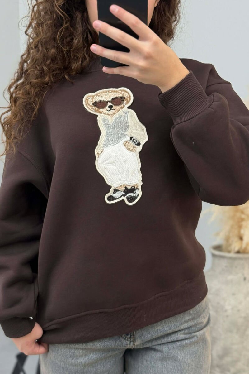 FRONT BEAR IMAGE FLUFFY WOMEN SWEATSHIRT DARK BROWN/KAE - 8