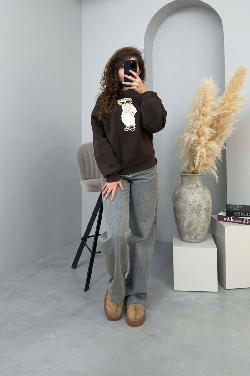 FRONT BEAR IMAGE FLUFFY WOMEN SWEATSHIRT DARK BROWN/KAE - 5