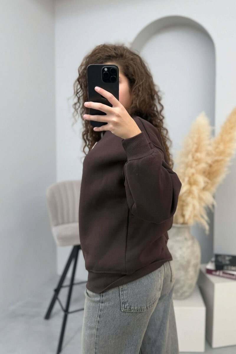 FRONT BEAR IMAGE FLUFFY WOMEN SWEATSHIRT DARK BROWN/KAE - 9