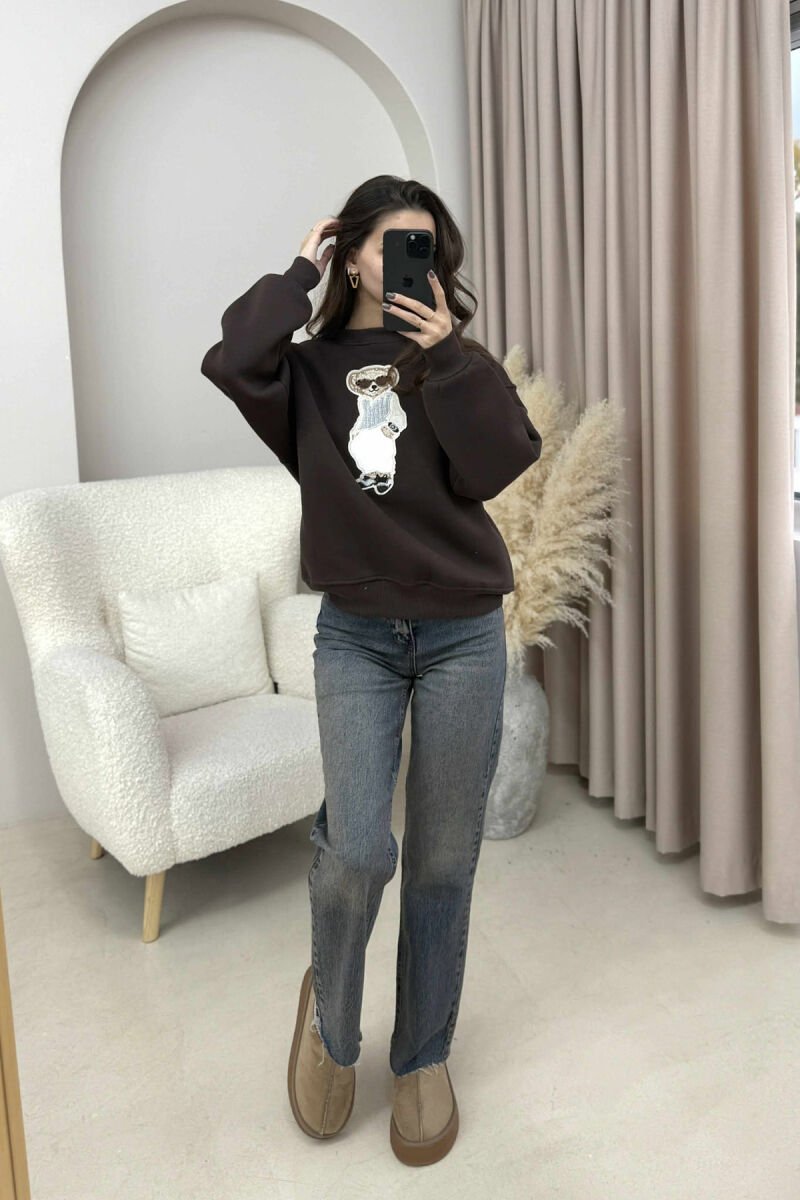 FRONT BEAR IMAGE FLUFFY WOMEN SWEATSHIRT DARK BROWN/KAE - 1