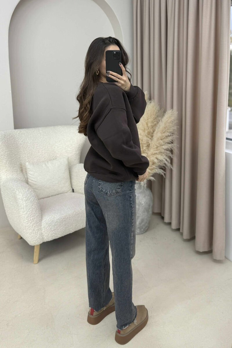 FRONT BEAR IMAGE FLUFFY WOMEN SWEATSHIRT DARK BROWN/KAE - 2