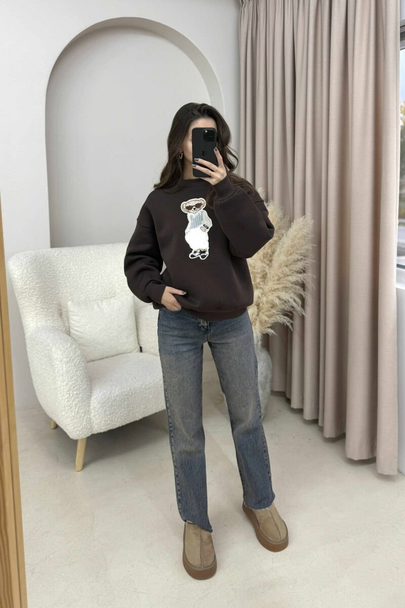 FRONT BEAR IMAGE FLUFFY WOMEN SWEATSHIRT DARK BROWN/KAE - 3